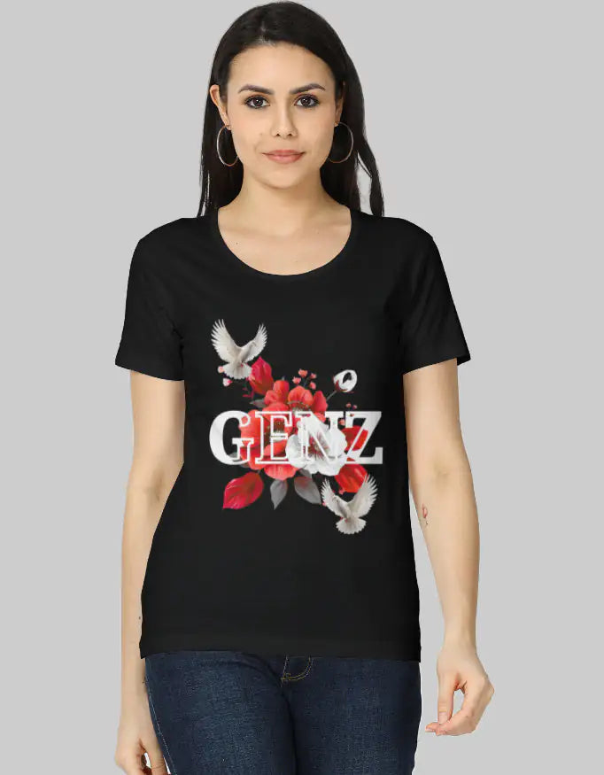 Black Genz Pigeon Flower Women’s Classic Cotton T-Shirt | Regular Fit | 180 GSM-Genzprints.jpg