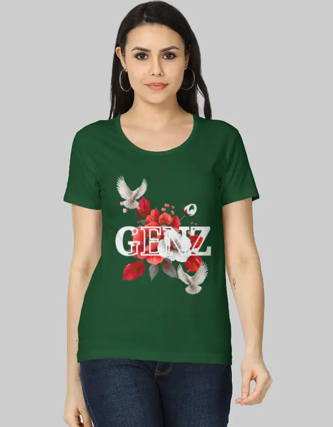 Bottle Green Genz Pigeon Flower Women’s Classic Cotton T-Shirt | Regular Fit | 180 GSM-Genzprints.jpg