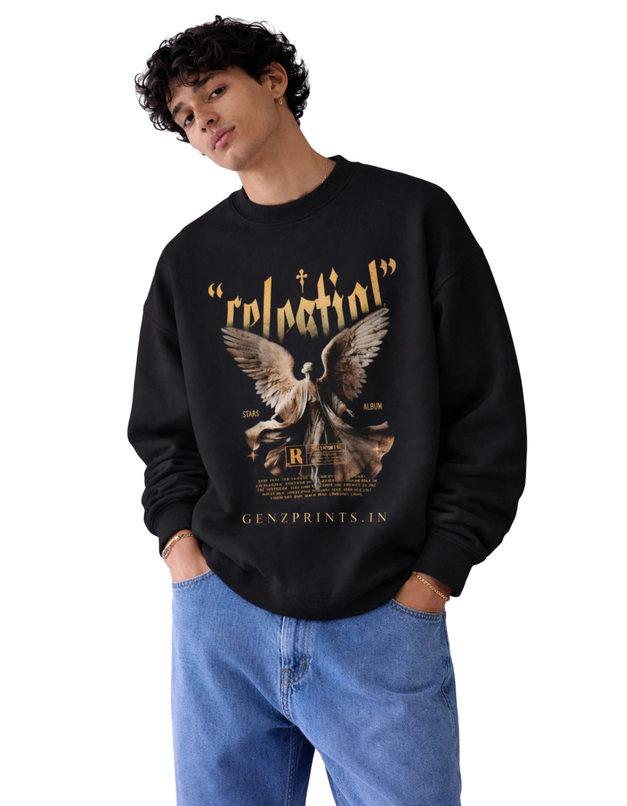 Person wearing a white sweatshirt with an Celestail graphic and text on a Black background