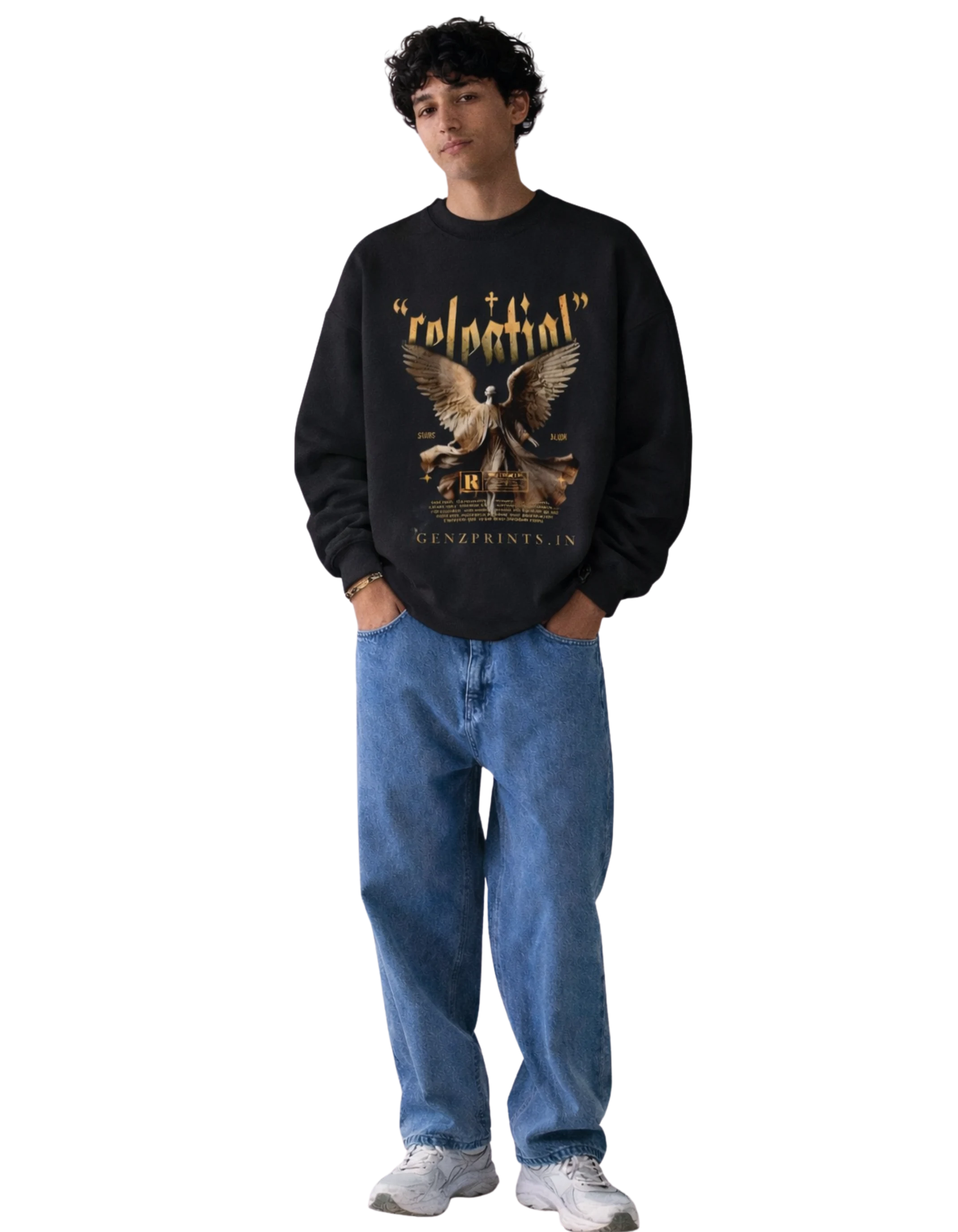 Person wearing a white sweatshirt with an Celestail graphic and text on a Black background