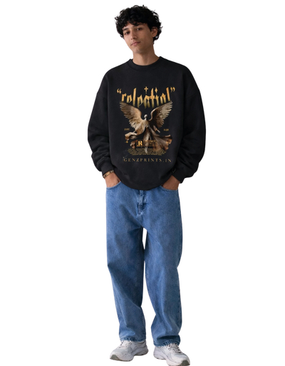 Person wearing a white sweatshirt with an Celestail graphic and text on a Black background