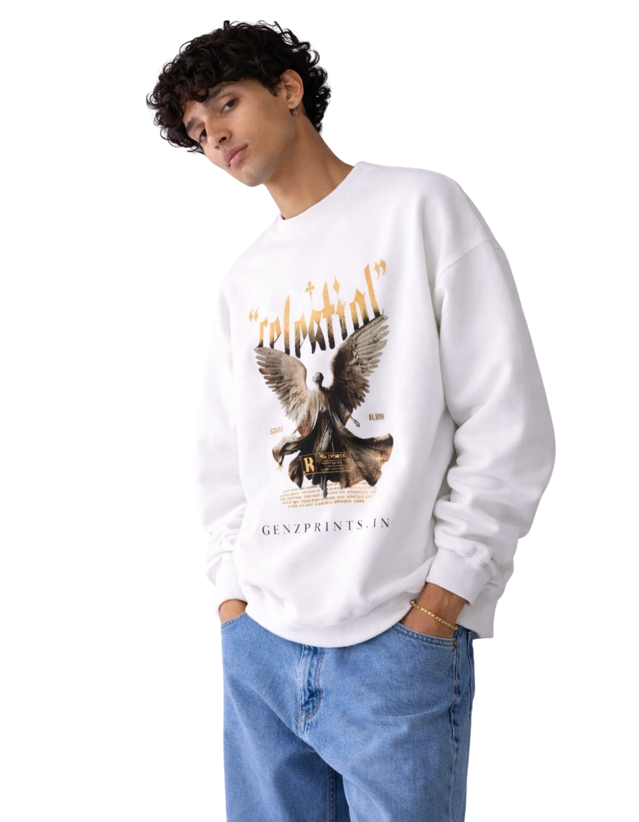 Person wearing a white sweatshirt with an Celestail graphic and text on a white background