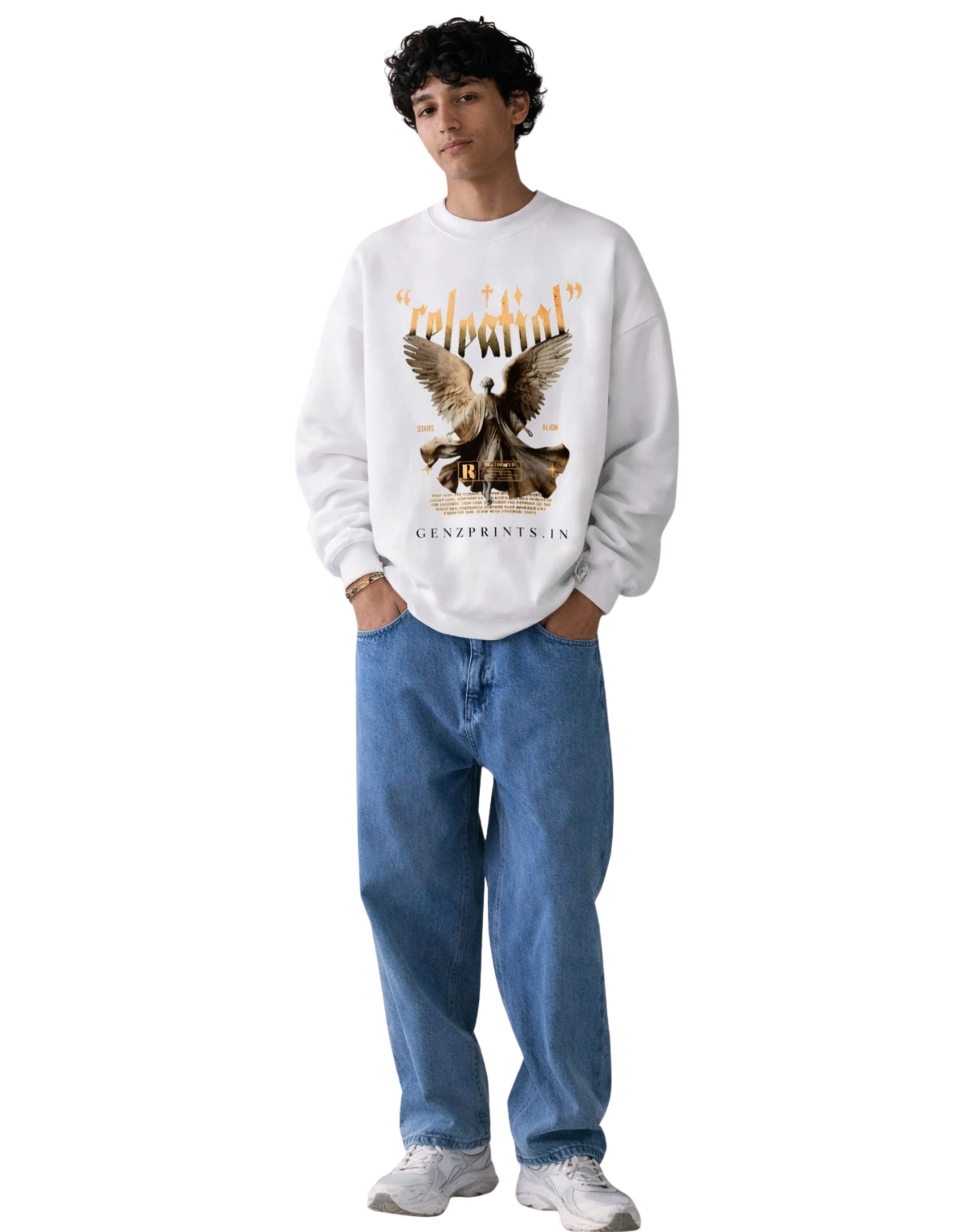 Person wearing a white sweatshirt with an Celestail graphic and text on a white background