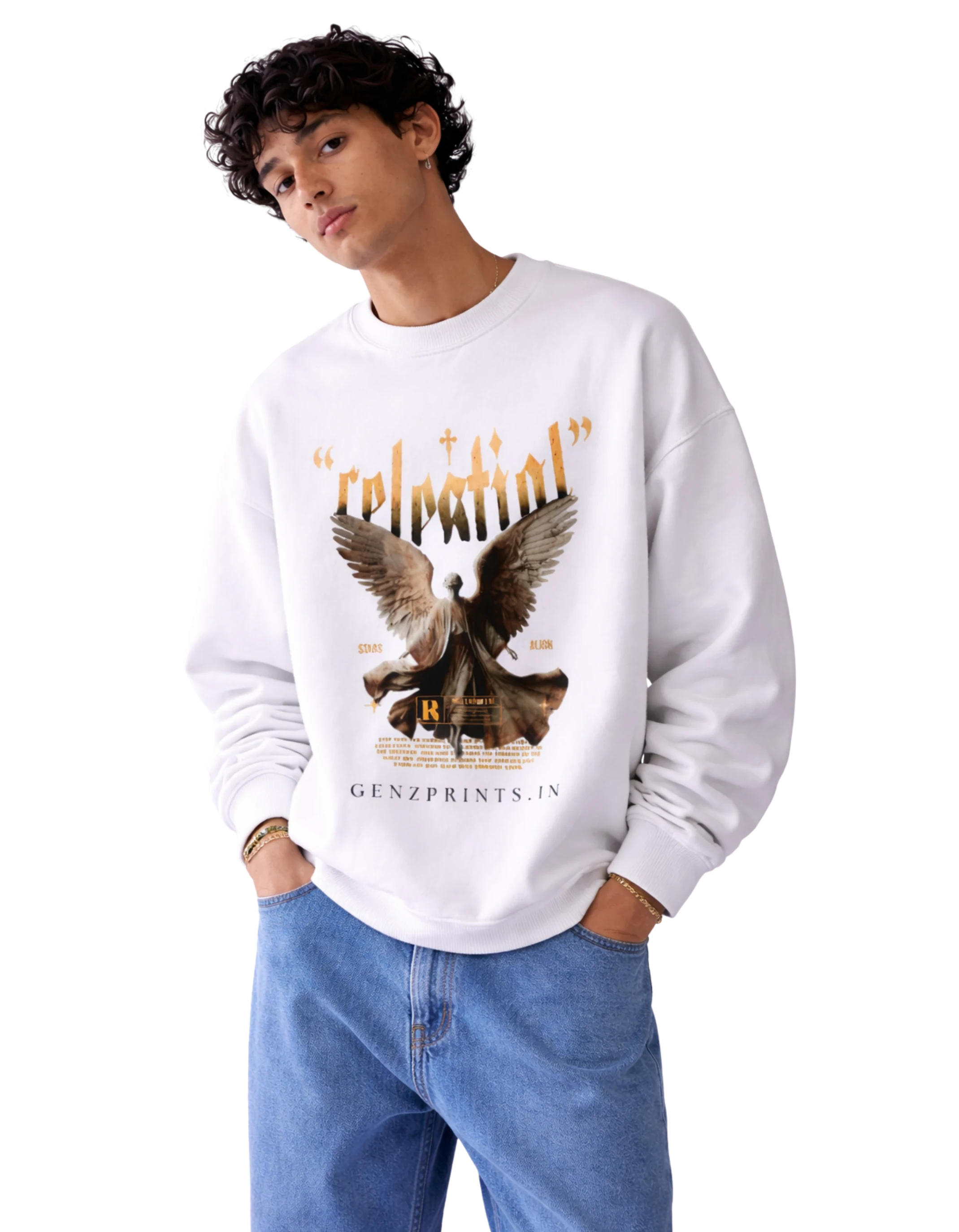 Person wearing a white sweatshirt with an Celestail graphic and text on a white background