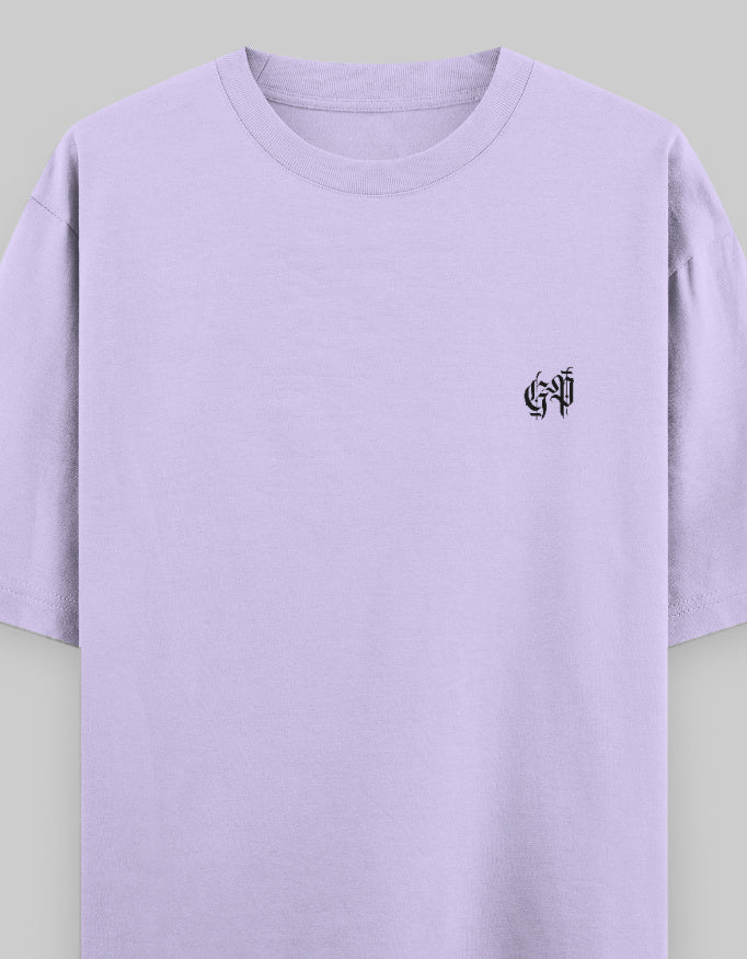 Lavender oversized unisex cotton t-shirt with minimalist black chest graphic, streetwear style