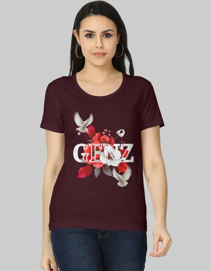 Maroon Genz Pigeon Flower Women’s Classic Cotton T-Shirt | Regular Fit | 180 GSM-Genzprints.jpg