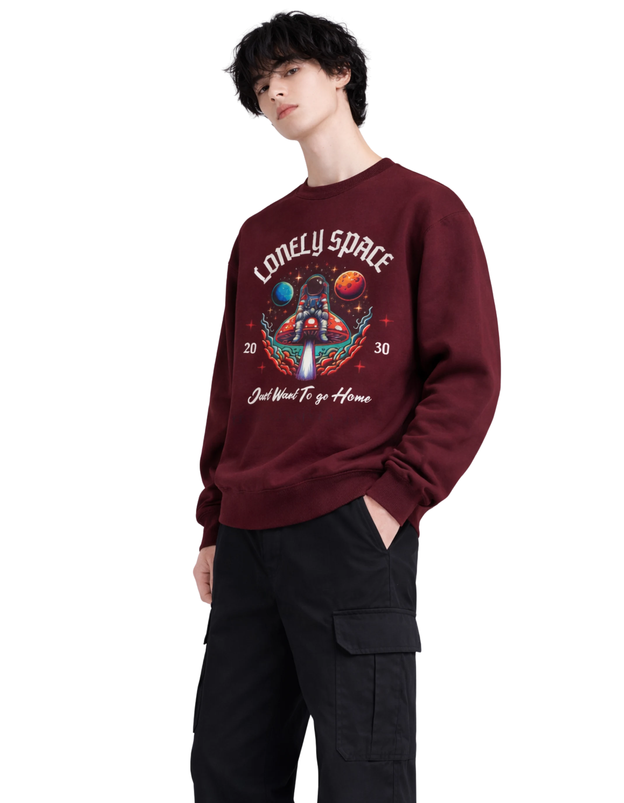 lonely-space-sweatshirt-Maroon-Side-front.jpg