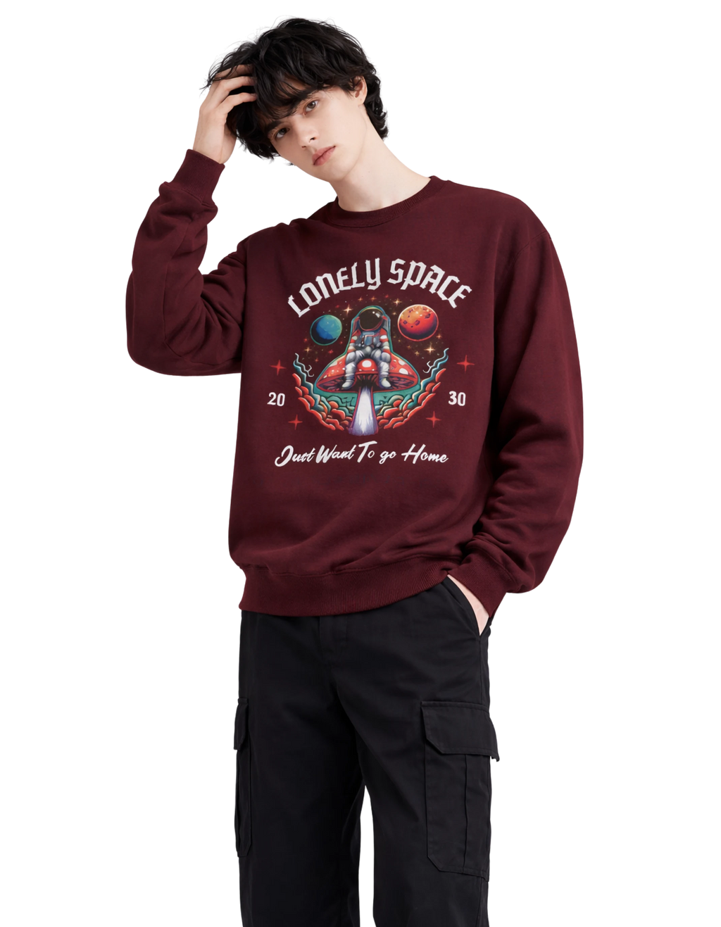 lonely-space-sweatshirt-Maroon-Hand-on-head-front.jpg