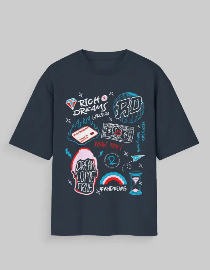 Navy Blue Rich Dreams Oversized T-Shirt | Unisex Cotton Streetwear Tee-Genzprints.jpg