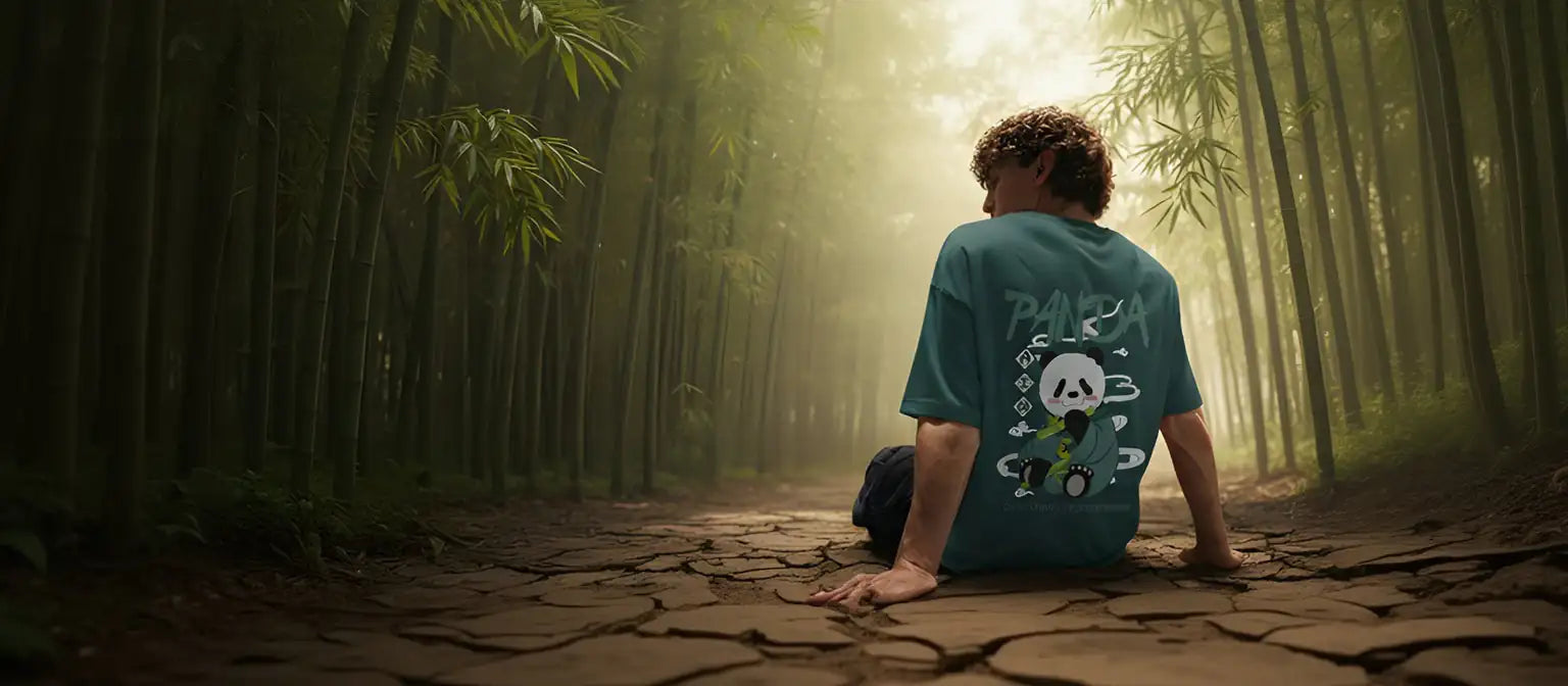 Person sitting in a forest with a t-shirt featuring a panda design.