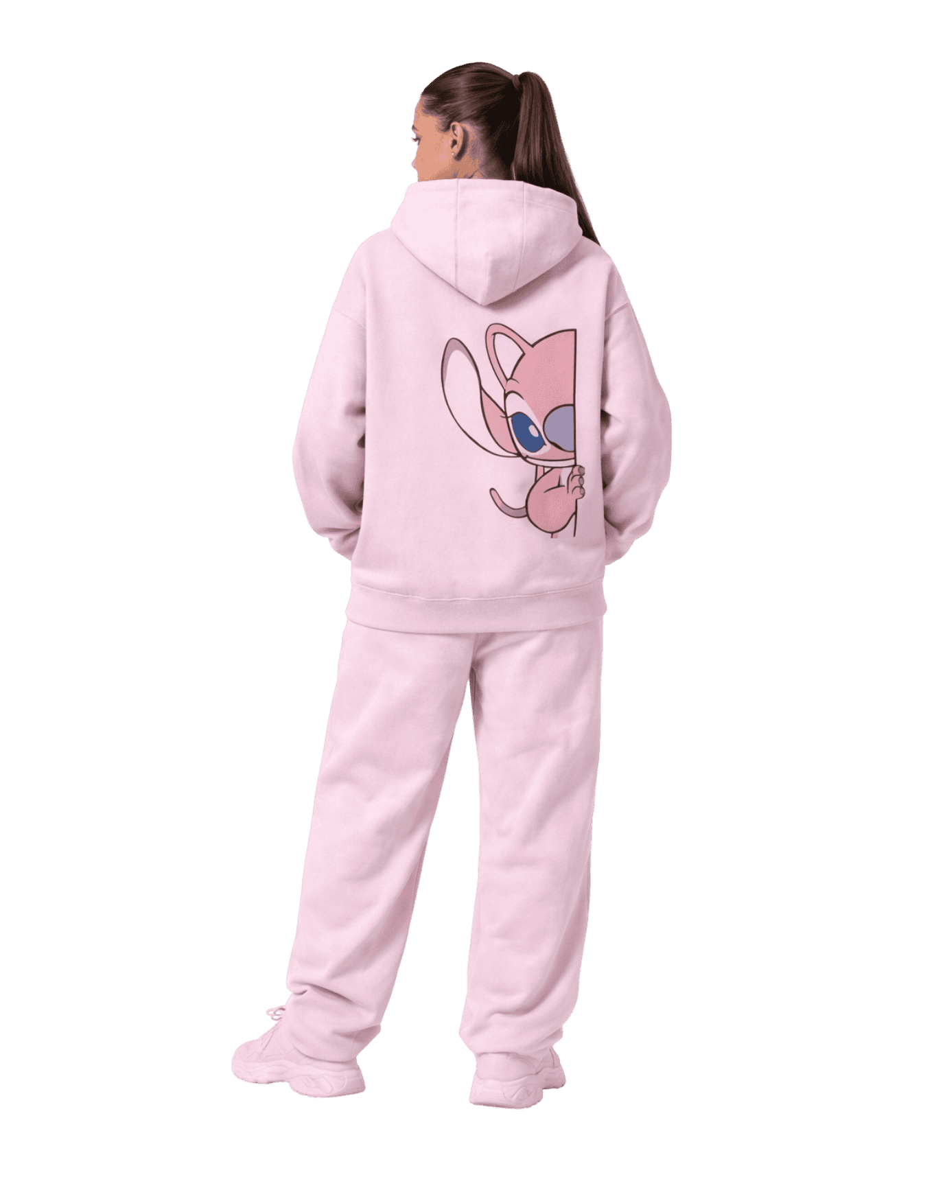 Person wearing a pink hoodie and pants with a cartoon character on the back, on a Pink background